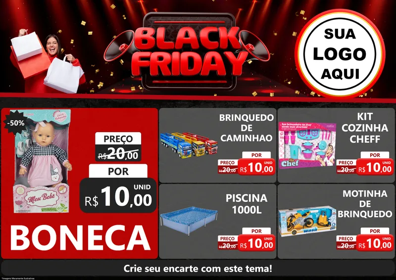 Modelo de Encarte para Encarte A4 Horizontal com o tema Black Friday para Brinquedos