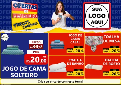 Modelo de Encarte para Encarte A4 Horizontal com o tema Ofertas de Fevereiro - Preços Incríveis para Cama, Mesa e Banho