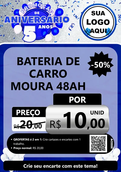 Modelo de Cartaz para Cartaz A4 Vertical com o tema Promoção de Aniversário - 5 Anos para Baterias Elétricas