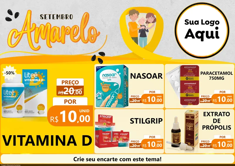 Modelo de Encarte para Encarte A4 Horizontal com o tema Setembro Amarelo para Farmácia