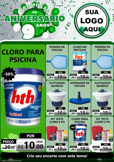 Modelo de Encarte para Encarte A4 Vertical com o tema Promoção de Aniversário - 9 Anos para Produtos para Piscina