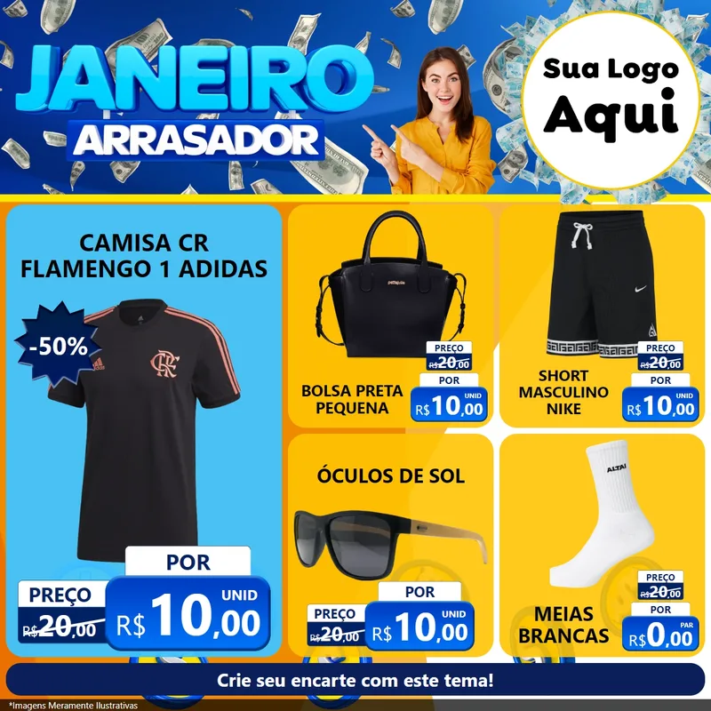 Modelo de Rede Social para Feed Facebook com o tema Janeiro Arrasador para Roupas e acessórios