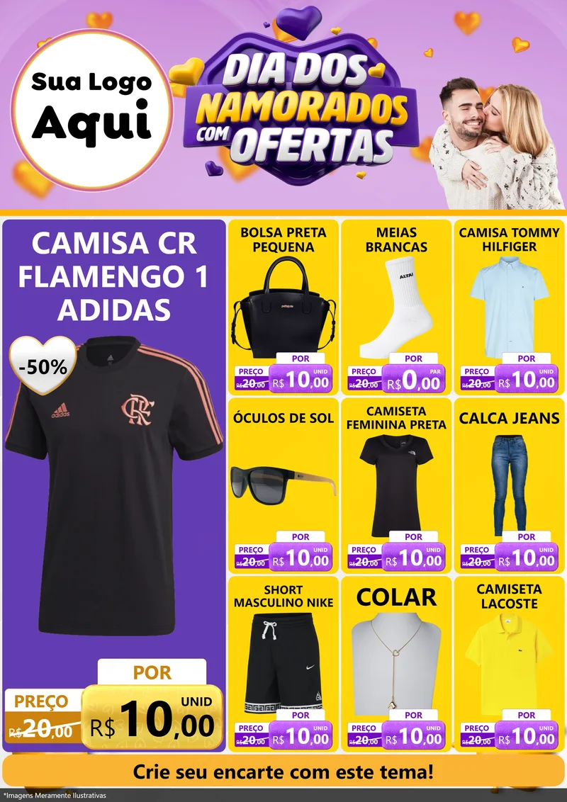 Modelo de Encarte para Encarte A4 Vertical com o tema Dia Dos Namorados Com Ofertas para Roupas e acessórios