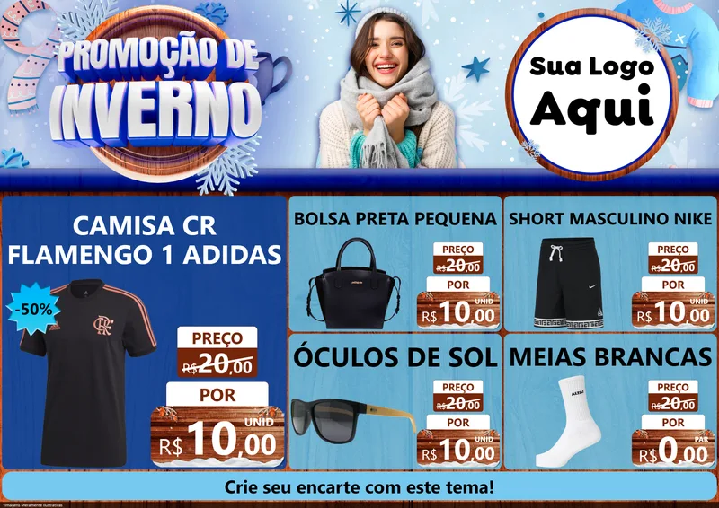 Modelo de Encarte para Encarte A4 Horizontal com o tema Promoção de Inverno para Roupas e acessórios