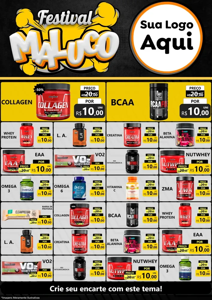 Modelo de Encarte para Encarte A4 Vertical com o tema Festival Maluco para Suplementos alimentares
