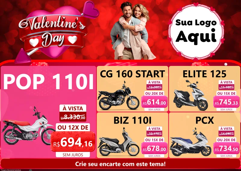 Modelo de Encarte para Encarte A4 Horizontal com o tema Valentine's Day para Concessionaria de Motos