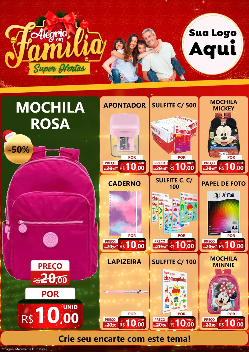 Modelo de Encarte para Encarte A4 Vertical com o tema Alegria em Família Super Ofertas - Natal para Papelaria