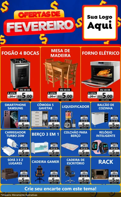 Modelo de Encarte para Encarte Grande com o tema Ofertas de Fevereiro para Móveis e Eletro
