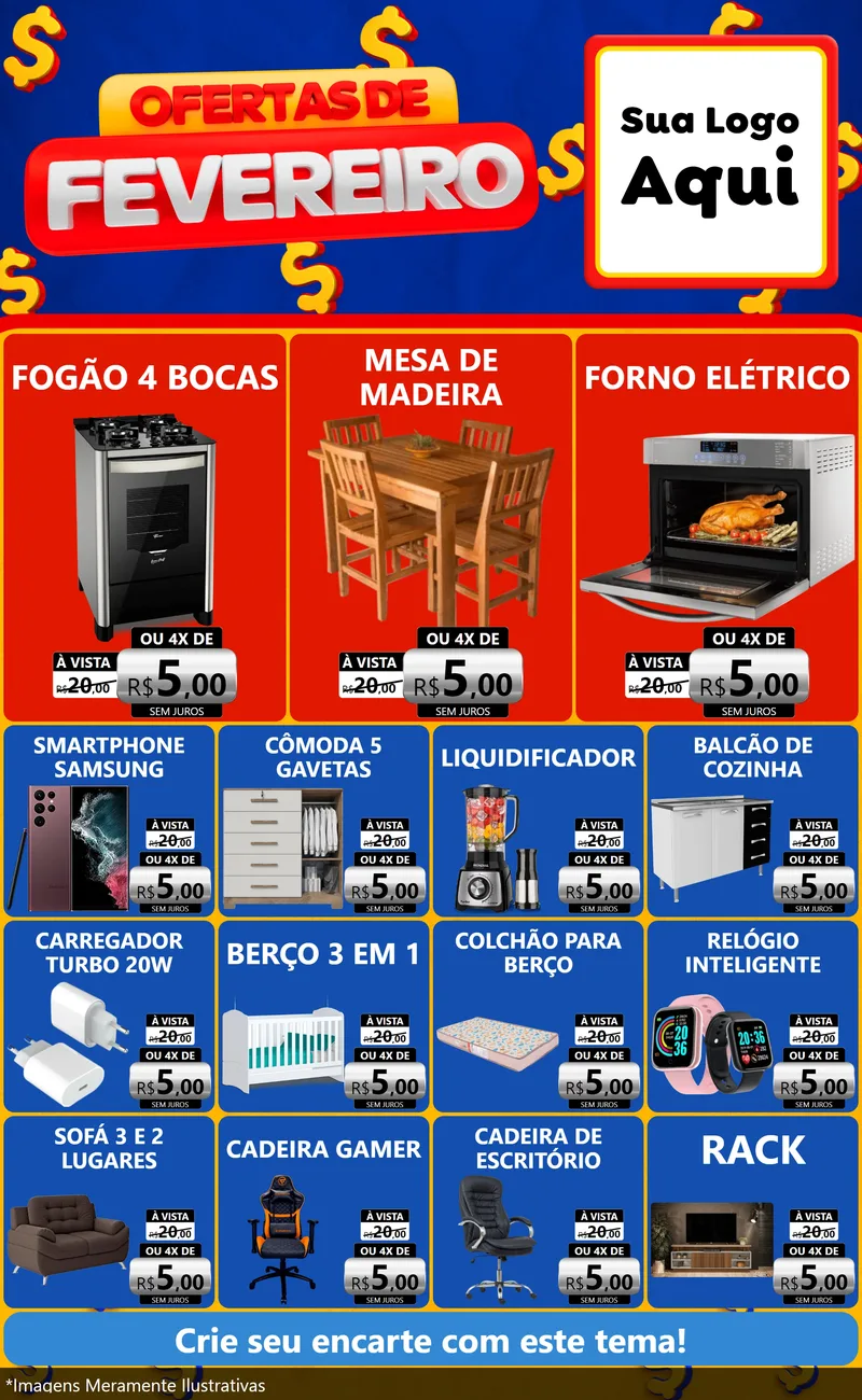 Modelo de Encarte para Encarte Grande com o tema Ofertas de Fevereiro para Móveis e Eletro