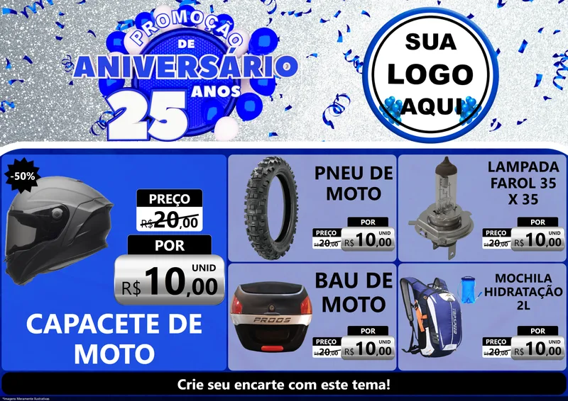 Modelo de Encarte para Encarte A4 Horizontal com o tema Promoção de Aniversário - 25 Anos para Moto peças