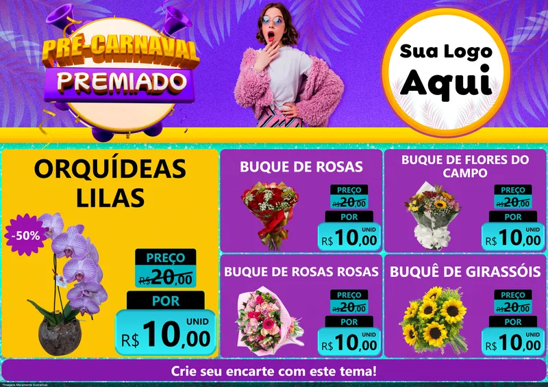Modelo de Encarte para Encarte A4 Horizontal com o tema Pré-Carnaval Premiado para Floricultura e jardim