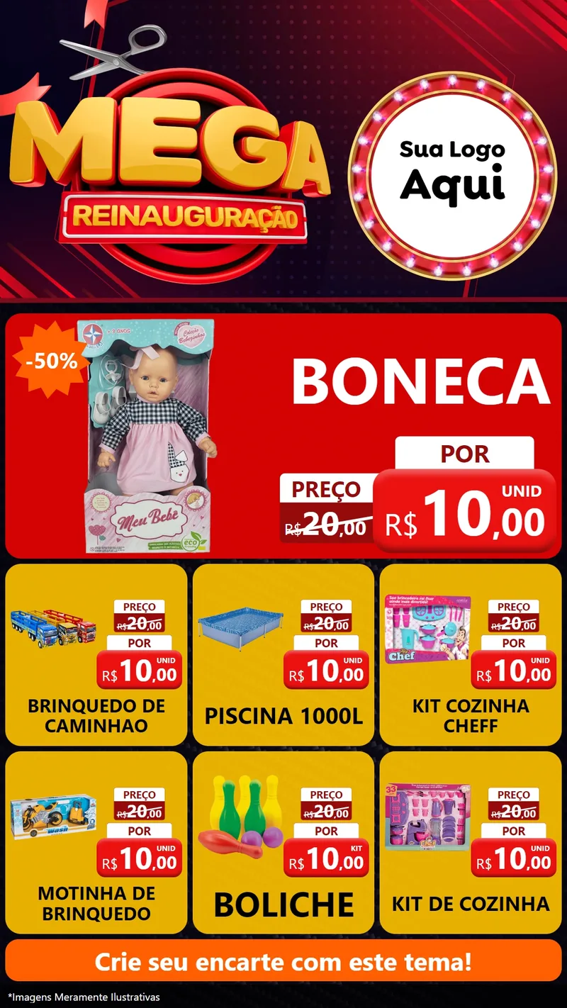 Modelo de Rede Social para Stories com o tema Mega Reinauguração para Brinquedos