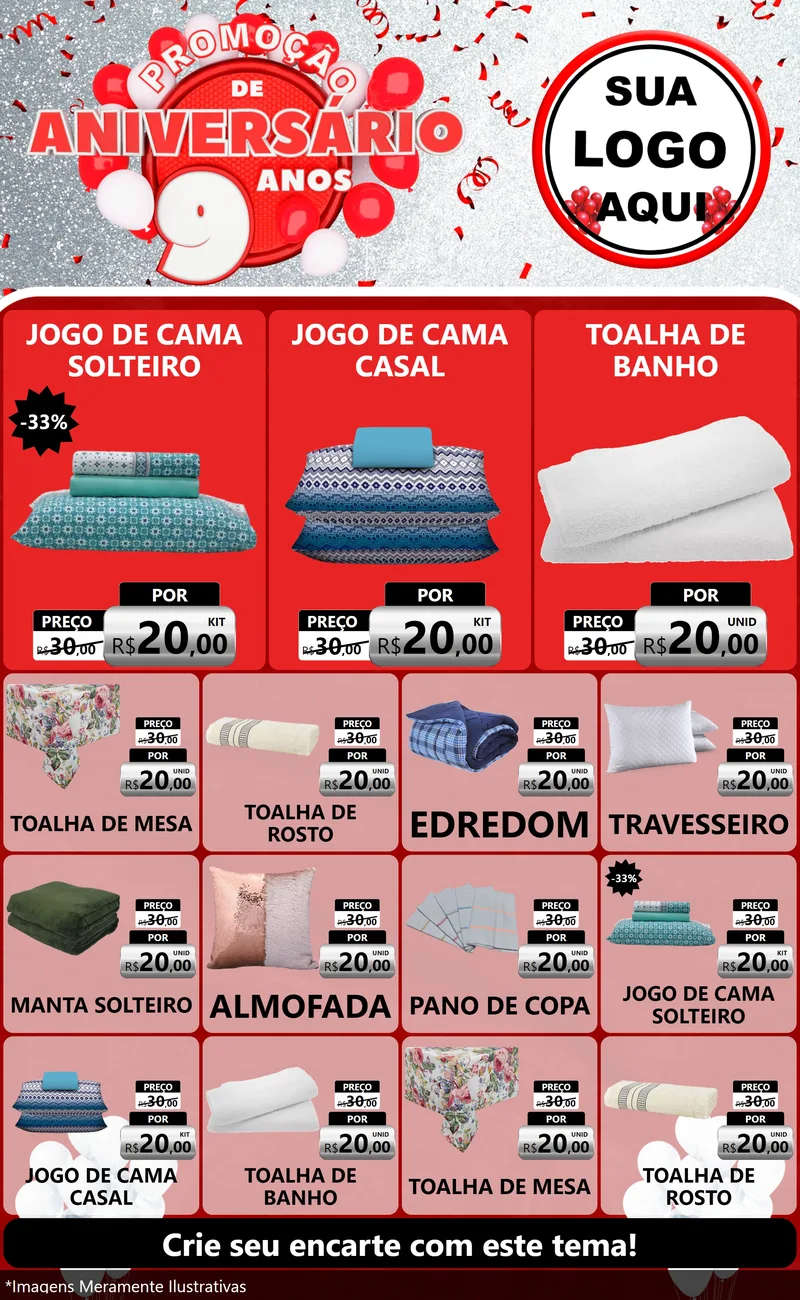 Modelo de Encarte para Encarte Grande com o tema Promoção de Aniversário - 9 Anos para Cama, Mesa e Banho