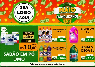 Modelo de Encarte para Encarte A4 Horizontal com o tema Comece Maio Economizando para Produtos de Limpeza