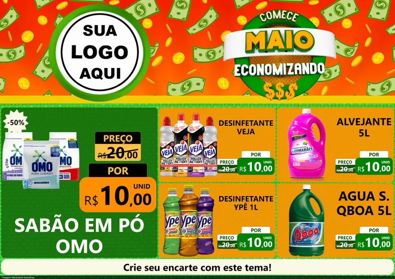 Modelo de Encarte para Encarte A4 Horizontal com o tema Comece Maio Economizando para Produtos de Limpeza