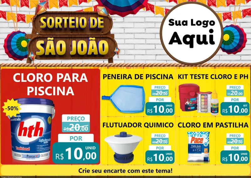 Modelo de Encarte para Encarte A4 Horizontal com o tema Sorteio de São João para Produtos para Piscina