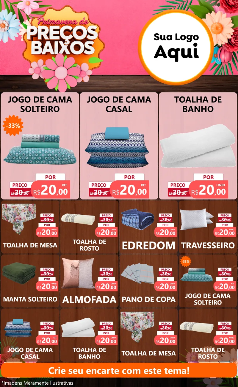 Modelo de Encarte para Encarte Grande com o tema Primavera de Preços Baixos para Cama, Mesa e Banho