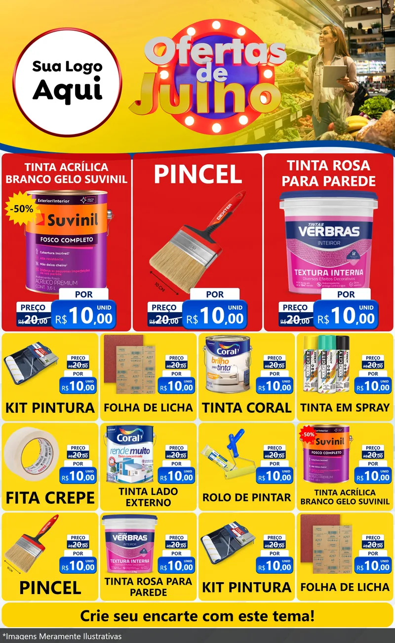 Modelo de Encarte para Encarte Grande com o tema Ofertas de Julho para Tintas e Ferramentas