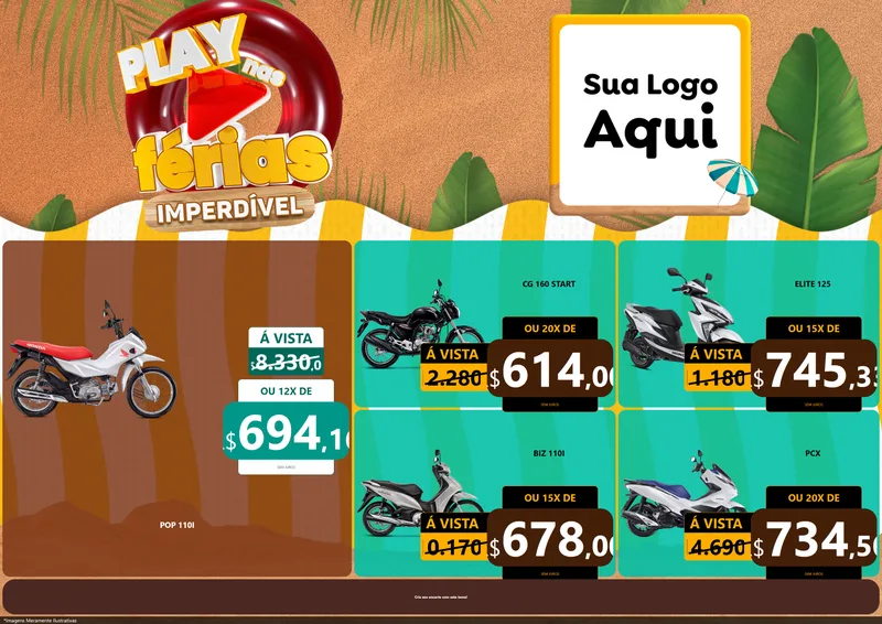 Modelo de Encarte para Encarte A4 Horizontal com o tema Play Nas Férias Imperdível para Concessionaria de Motos