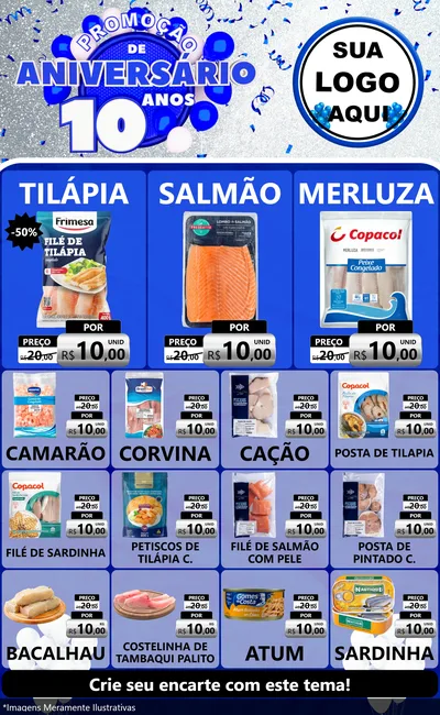 Modelo de Encarte para Encarte Grande com o tema Promoção de Aniversário - 10 Anos para Peixaria