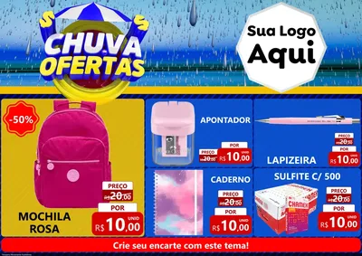 Modelo de Encarte para Encarte A4 Horizontal com o tema Chuva de Ofertas para Papelaria