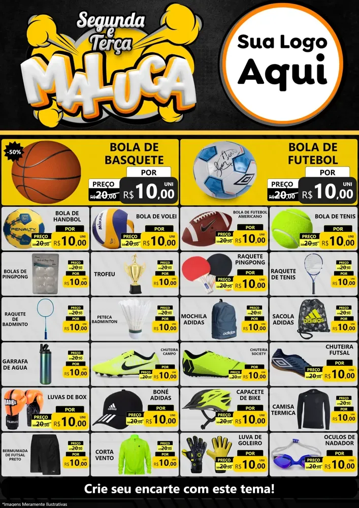 Modelo de Encarte para Encarte A4 Vertical com o tema Segunda e Terça Maluca para Artigos Esportivos