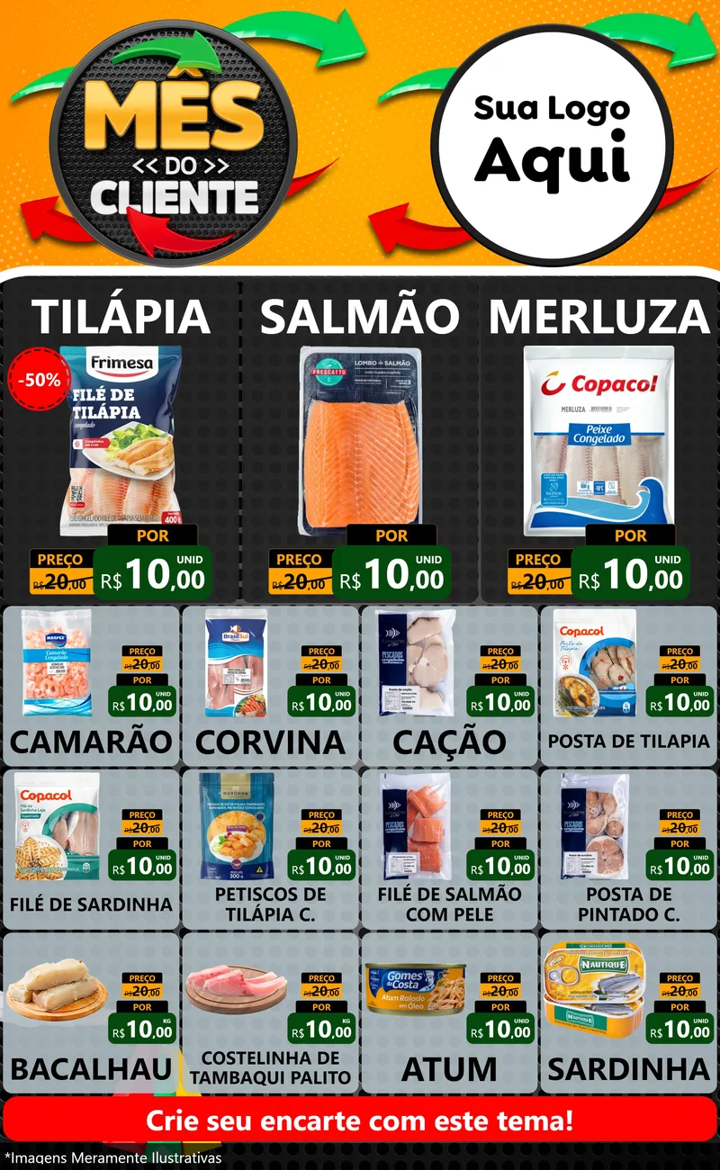 Modelo de Encarte para Encarte Grande com o tema Mês do Cliente para Peixaria