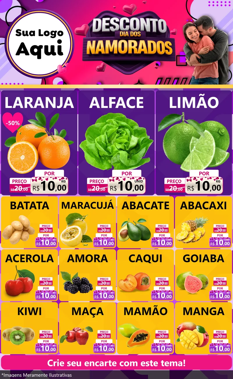 Modelo de Encarte para Encarte Grande com o tema Desconto Dia dos Namorados para Hortifrúti