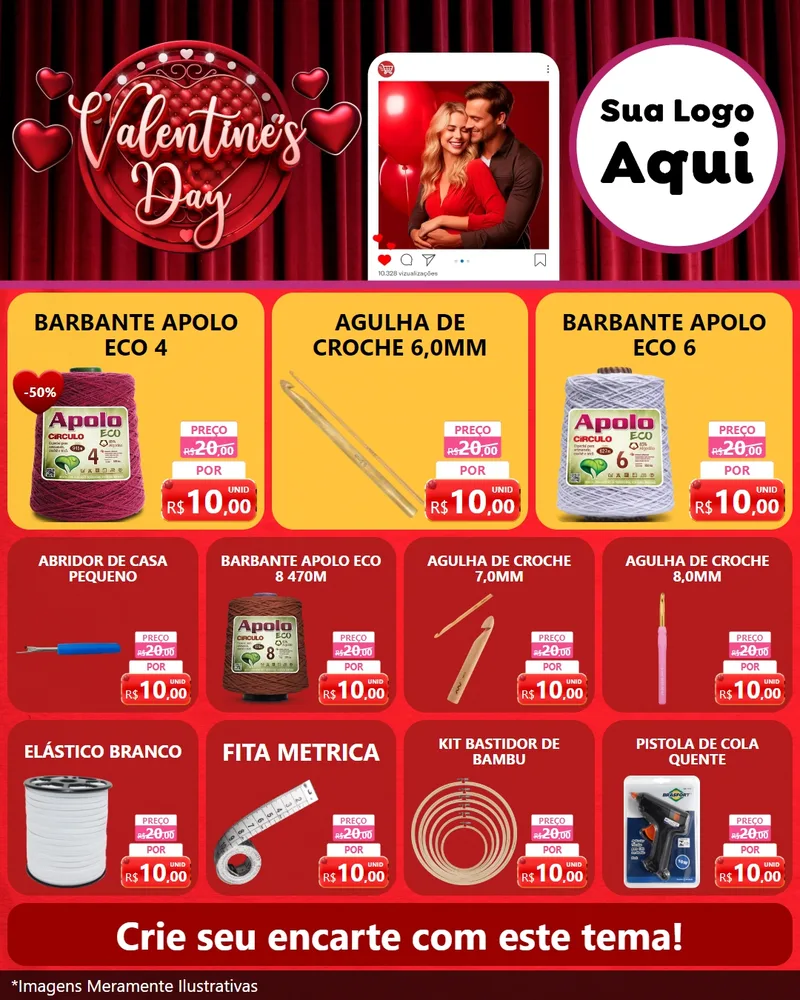 Modelo de Rede Social para Feed Instagram com o tema Valentine's Day para Armarinho e Aviamentos