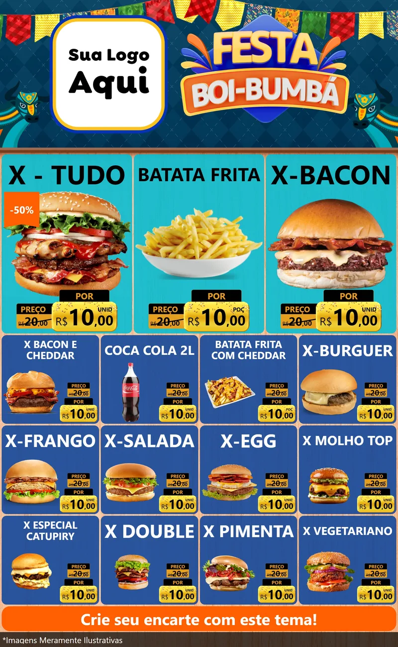Modelo de Encarte para Encarte Grande com o tema Festa Boi Bumbá para Hamburgueria