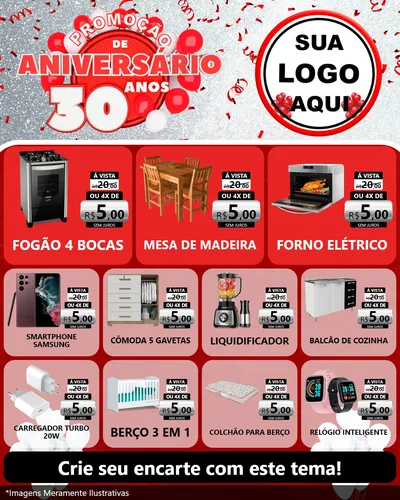 Modelo de Rede Social para Feed Instagram com o tema Promoção de Aniversário - 30 Anos para Móveis e Eletro