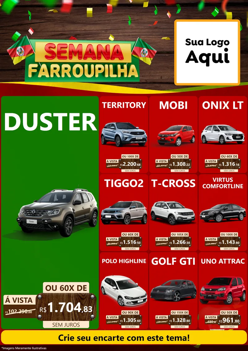 Modelo de Encarte para Encarte A4 Vertical com o tema Semana Farroupilha para Concessionaria de Carros