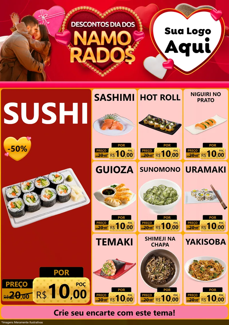 Modelo de Encarte para Encarte A4 Vertical com o tema Descontos Dia dos Namorados para Comida japonesa