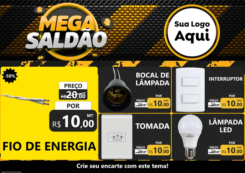 Modelo de Encarte para Encarte A4 Horizontal com o tema Mega Saldão para Materiais Elétricos