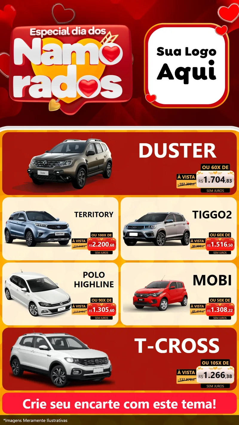 Modelo de TV para TV Vertical com o tema Especial Dia dos Namorados para Concessionaria de Carros