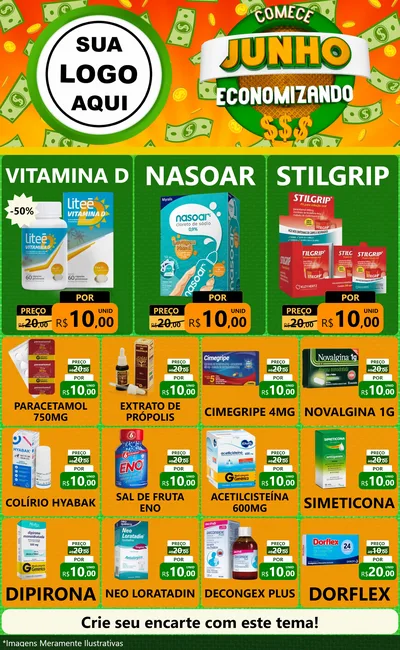 Modelo de Encarte para Encarte Grande com o tema Comece Junho Economizando para Farmácia