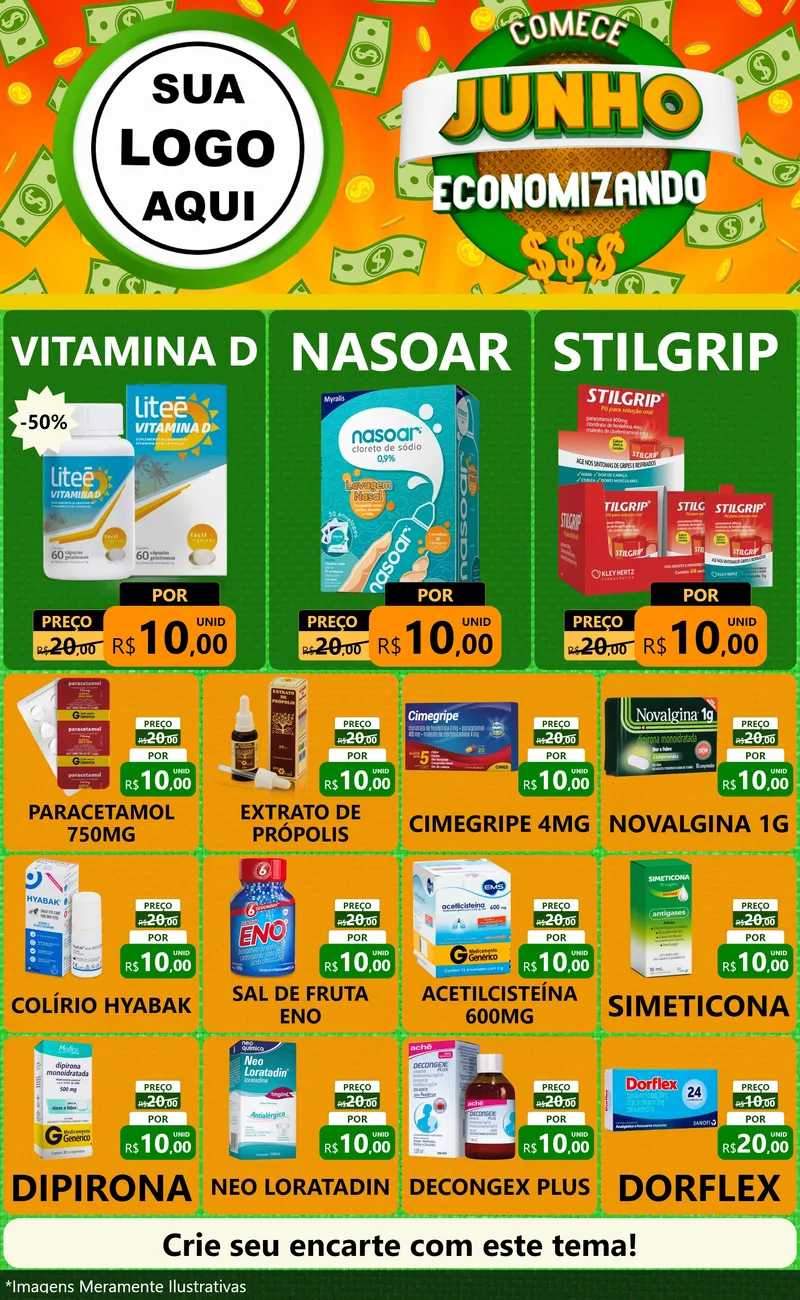 Modelo de Encarte para Encarte Grande com o tema Comece Junho Economizando para Farmácia