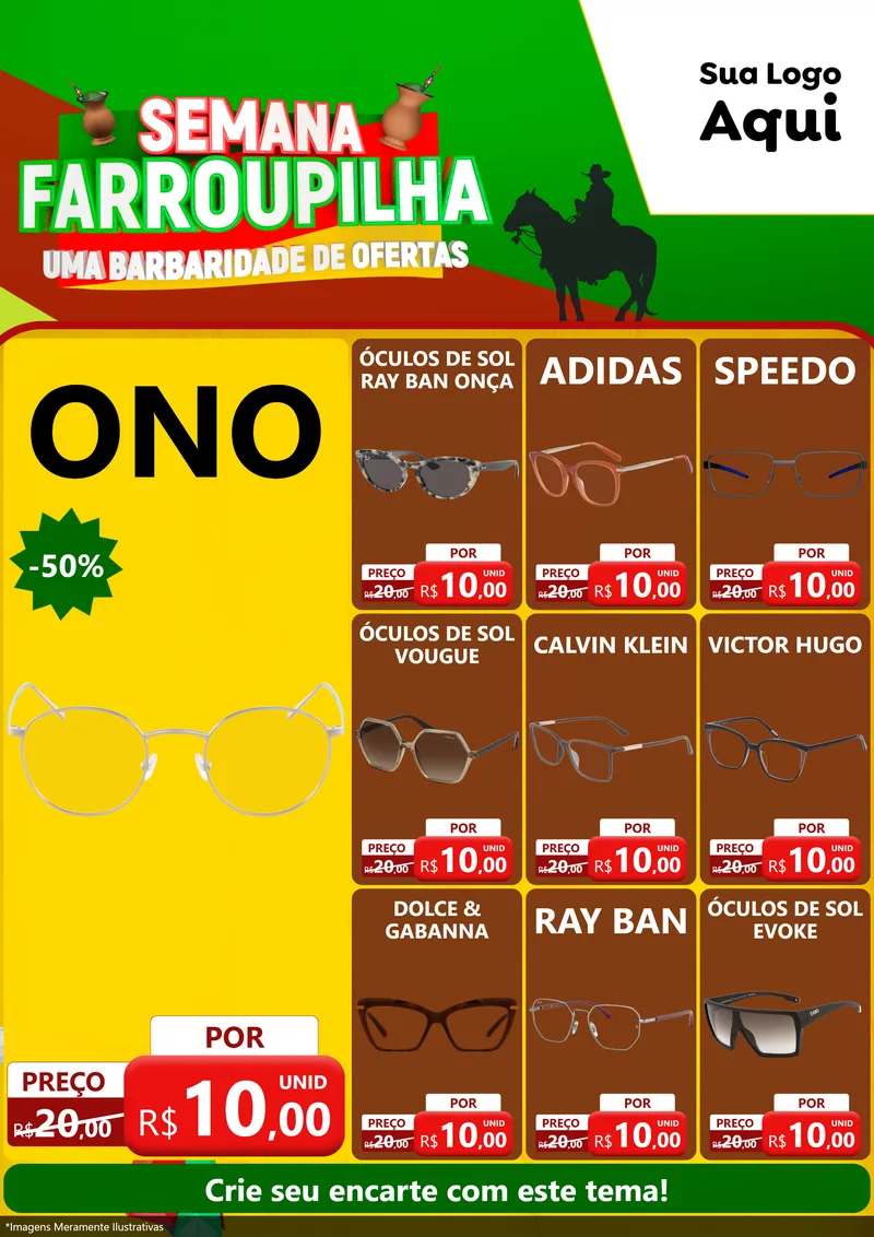 Modelo de Encarte para Encarte A4 Vertical com o tema Semana Farroupilha - Uma Barbaridade de Ofertas para Óticas