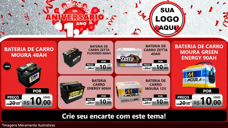 Modelo de TV para TV Horizontal com o tema Promoção de Aniversário - 1 Ano para Baterias Elétricas