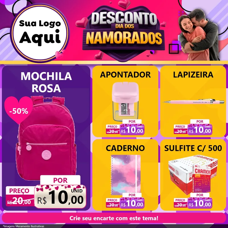 Modelo de Rede Social para Feed Facebook com o tema Desconto Dia dos Namorados para Papelaria