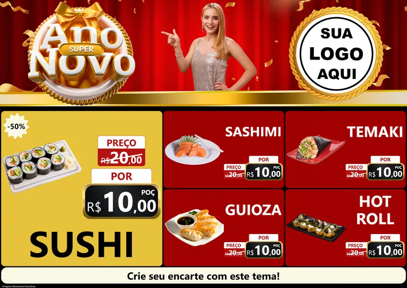 Modelo de Encarte para Encarte A4 Horizontal com o tema Super Ano Novo para Comida japonesa