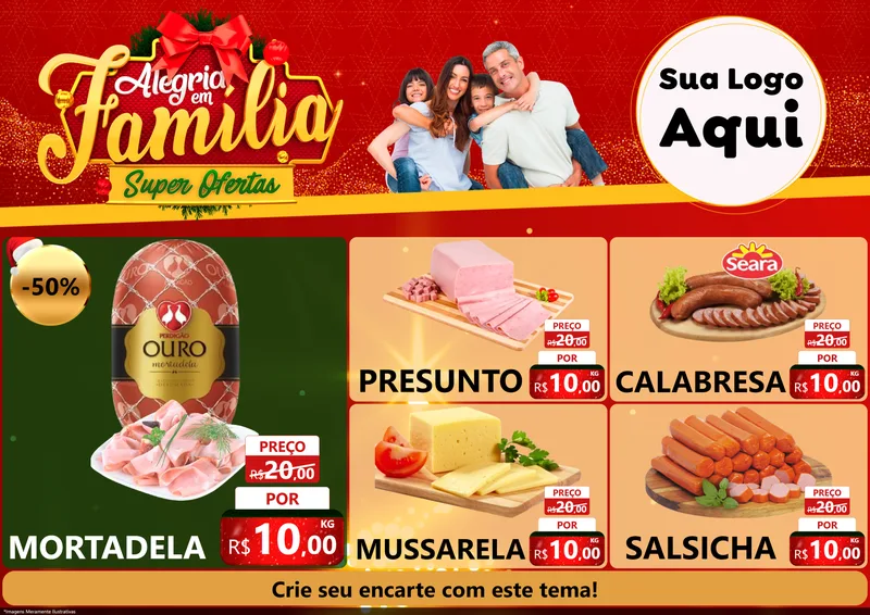 Modelo de Encarte para Encarte A4 Horizontal com o tema Alegria em Família Super Ofertas - Natal para Frios e Laticínios