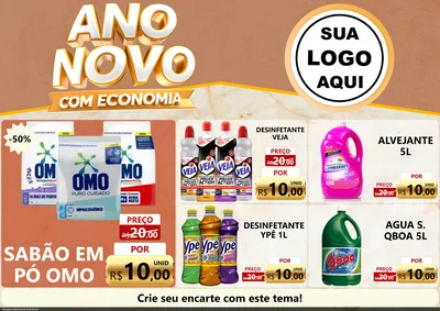 Modelo de Encarte para Encarte A4 Horizontal com o tema Ano Novo Com Economia para Produtos de Limpeza