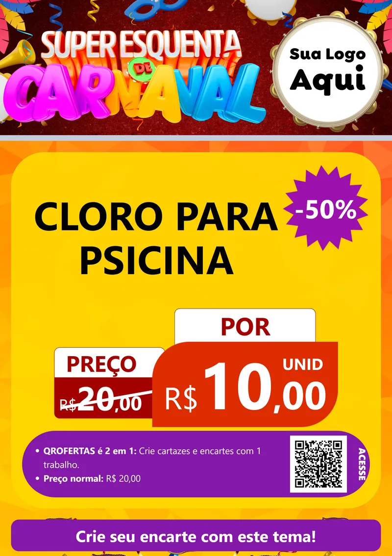 Modelo de Cartaz para Cartaz A4 Vertical com o tema Super Esquenta de Carnaval para Produtos para Piscina