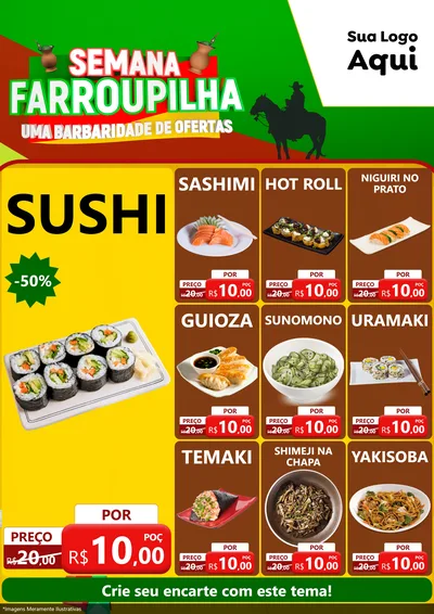 Modelo de Encarte para Encarte A4 Vertical com o tema Semana Farroupilha - Uma Barbaridade de Ofertas para Comida japonesa