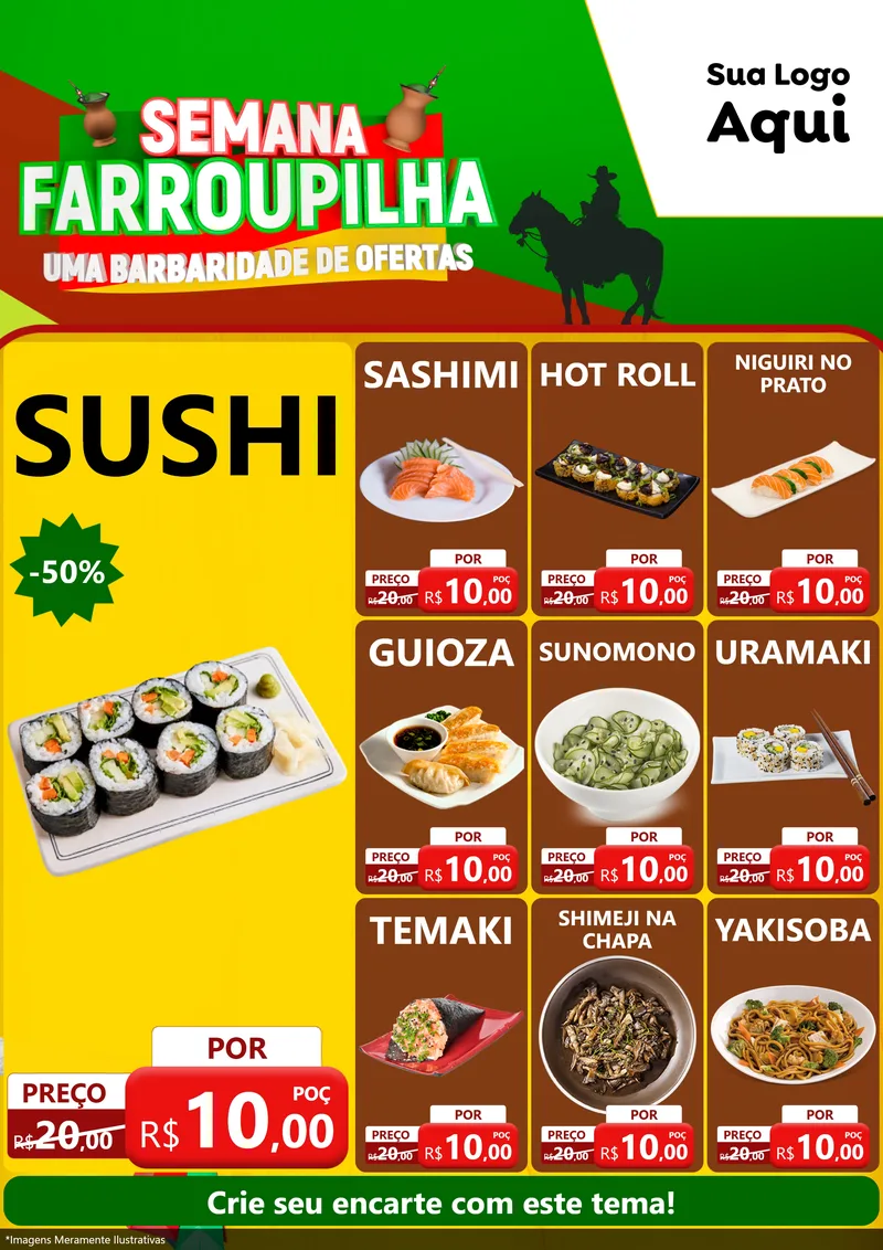 Modelo de Encarte para Encarte A4 Vertical com o tema Semana Farroupilha - Uma Barbaridade de Ofertas para Comida japonesa