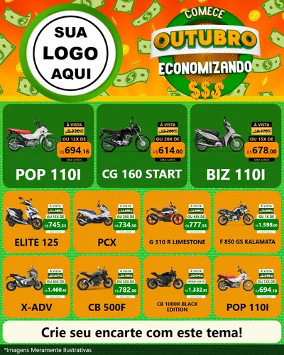 Modelo de Rede Social para Feed Instagram com o tema Comece Outubro Economizando para Concessionaria de Motos