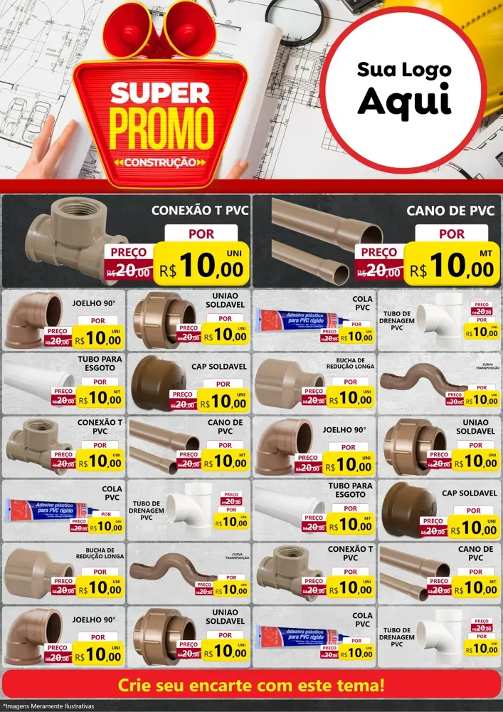 Modelo de Encarte para Encarte A4 Vertical com o tema Super Promoção Construção para Tubos e conexões