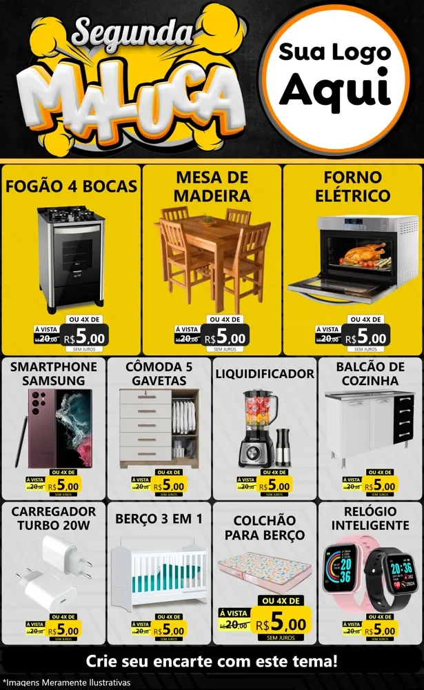 Modelo de Encarte para Encarte Grande com o tema Segunda Maluca para Móveis e Eletro