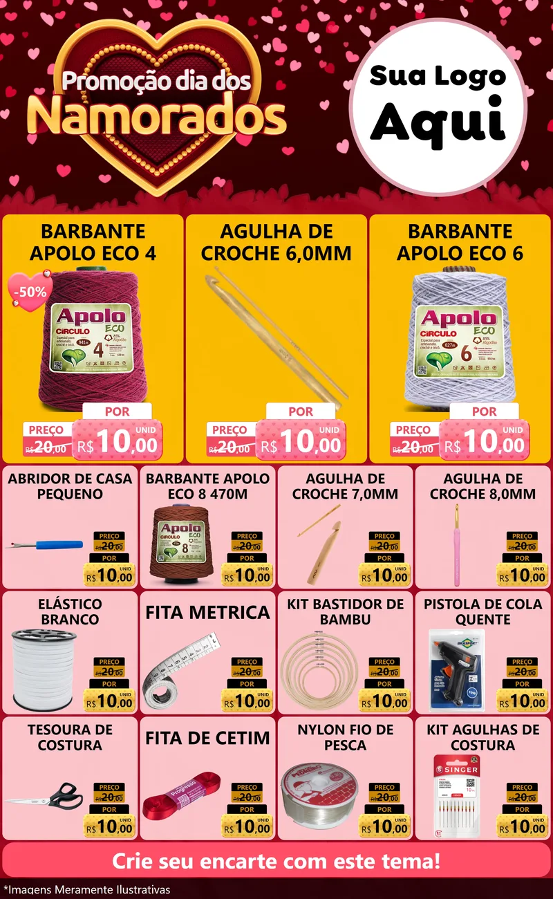 Modelo de Encarte para Encarte Grande com o tema Promoção Dia Dos Namorados para Armarinho e Aviamentos